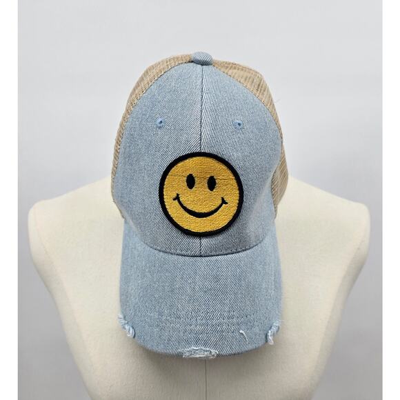 KatyDid Denim Smiley Face Trucker Hat – Light Wash & Tan Mesh - Picture 1 of 5